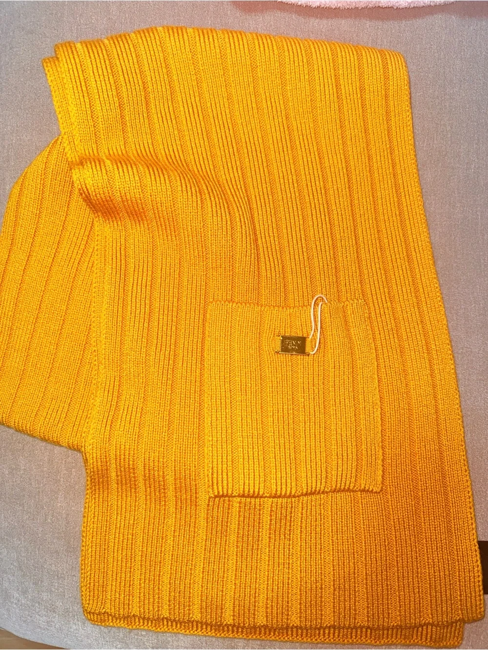 Fendi Logo Plaque Ribbed Knit Sweater Scarf - mustard
